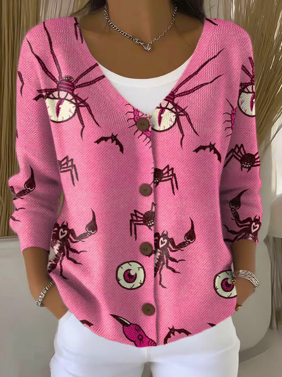 pink-halloween-style-print-buttoned-v-neck-cardigan-sweater