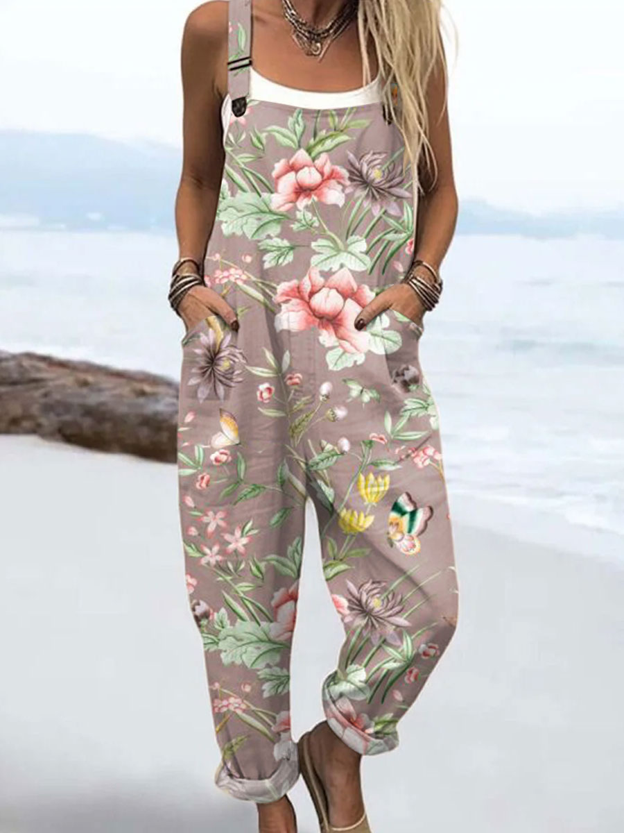 Women's Vintage Flowers Art Print Casual 100% Cotton Wide Leg Jumpsuit