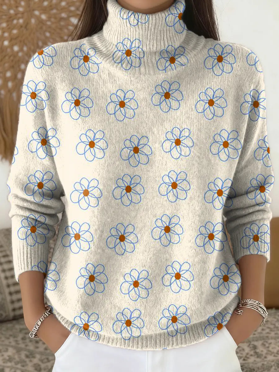 Women's Floral Pattern Art Print Knit Turtleneck Pullover Sweater