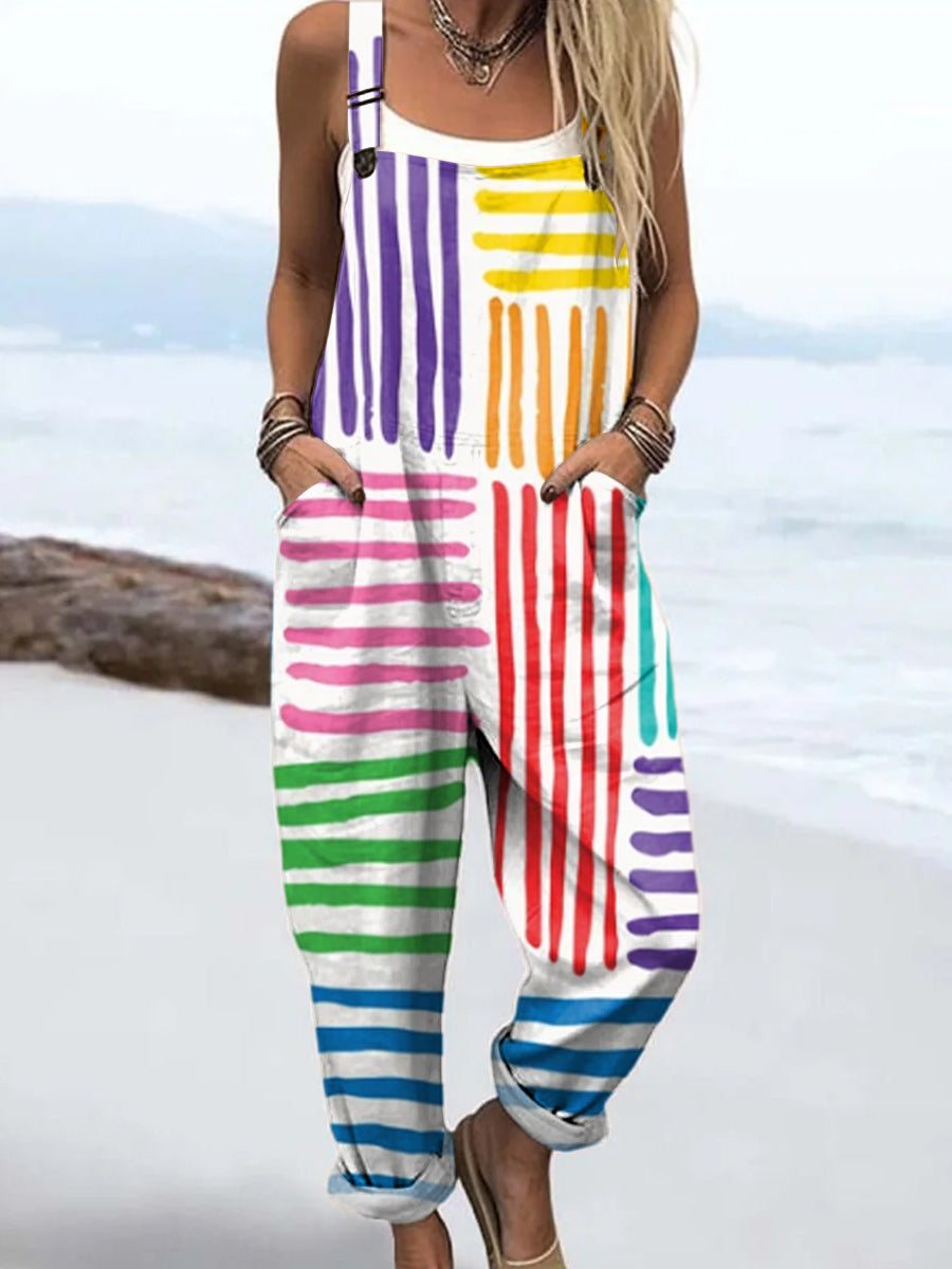 Women's Colourful Art Lines Print Casual 100% Cotton Wide Leg Jumpsuit