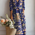 Women's Vintage Flower Art Print Linen Pocket Dress