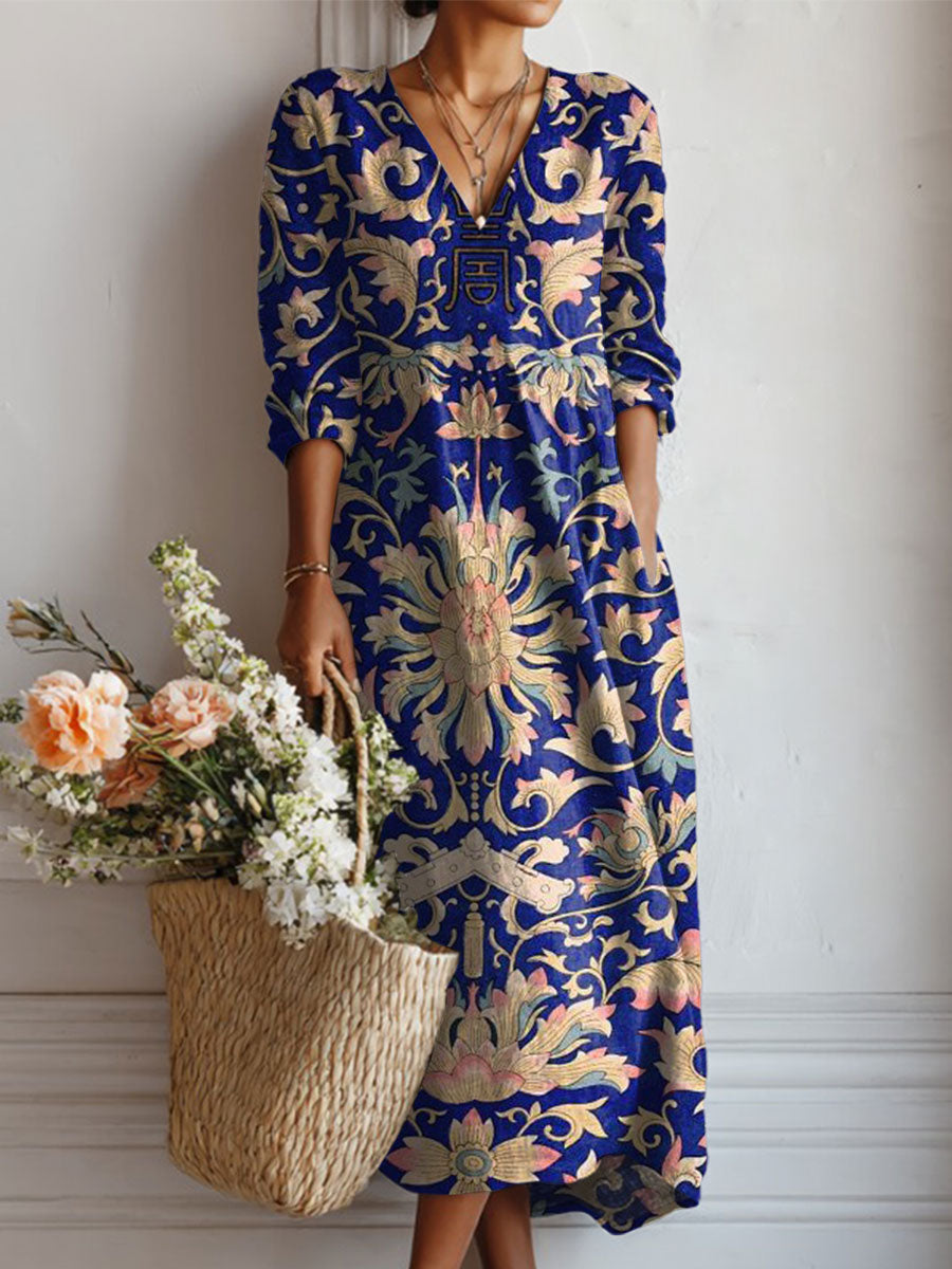 Women's Vintage Flower Art Print Linen Pocket Dress