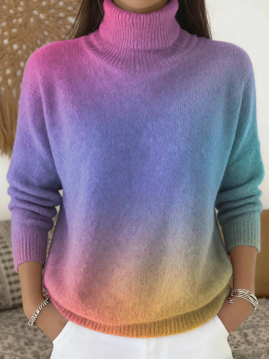 Women's Gradient Color Art Print Knit Turtleneck Pullover Sweater