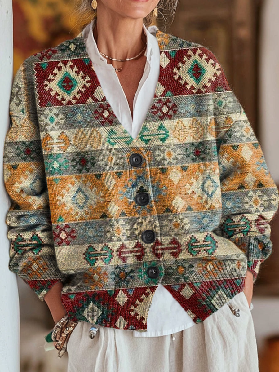 vintage-beautiful-ethnic-geometric-check-art-print-buttoned-v-neck-cardigan-sweater-xbu7
