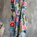 Women's Floral Art Pattern Print Pocket V-neck Cotton Dress