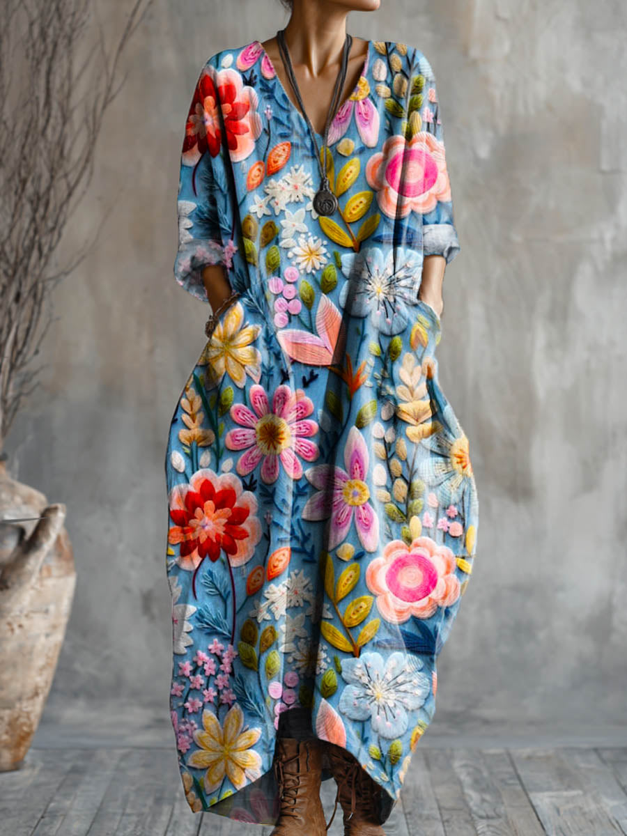 Women's Floral Art Pattern Print Pocket V-neck Cotton Dress