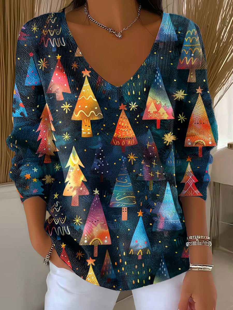 Women's Christmas Tree Pattern Print Casual Pullover Sweater