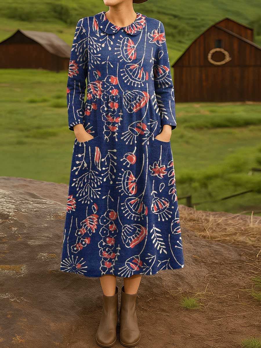 Women's Vintage Floral Pattern Art Print Cotton Lapel Shirt Dress