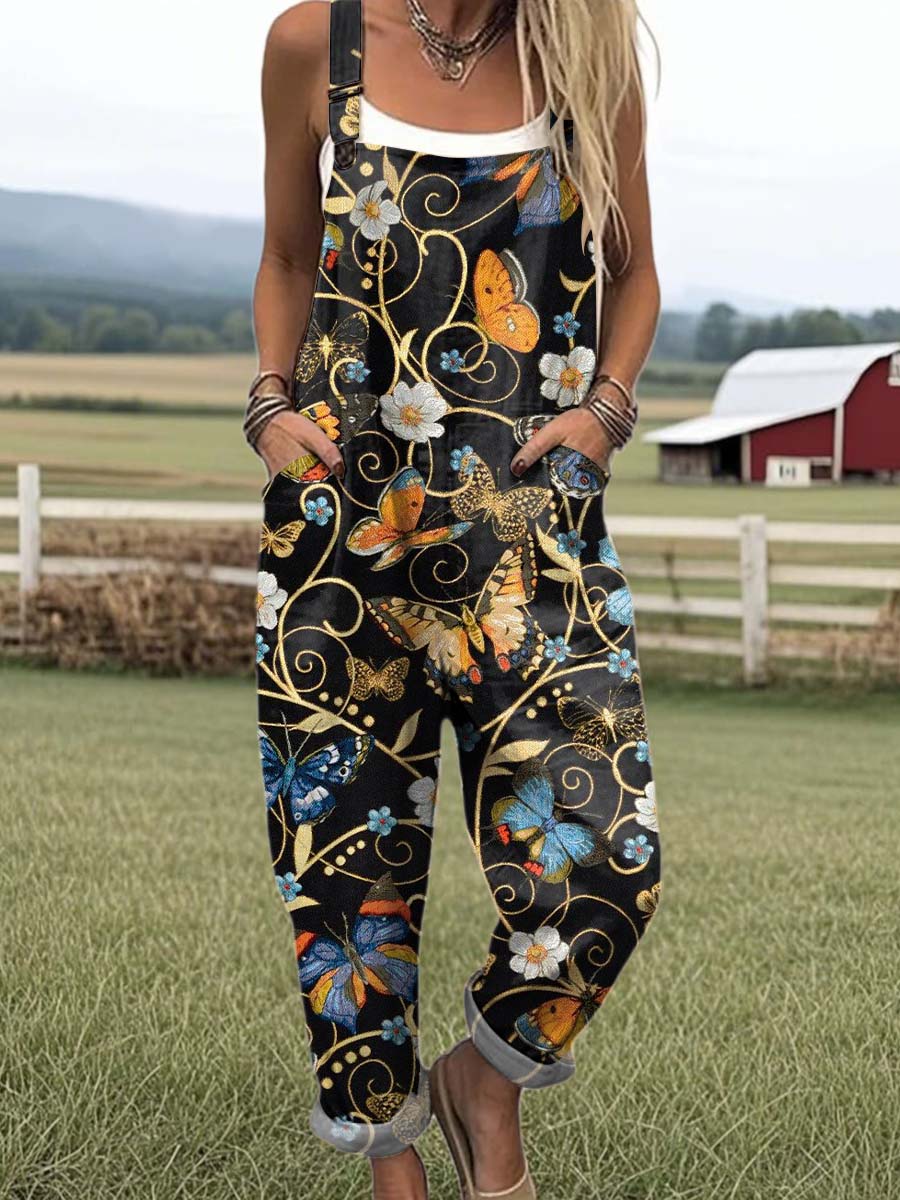 Women's Retro Art Butterfly Flower Festival Print Casual 100% Cotton Wide Leg Jumpsuit