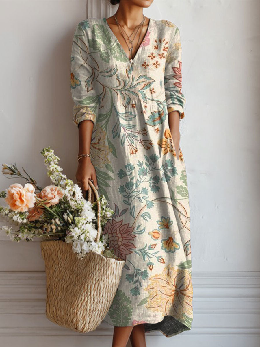 Women's Vintage Flower Art Print Linen Pocket Tunic Dress