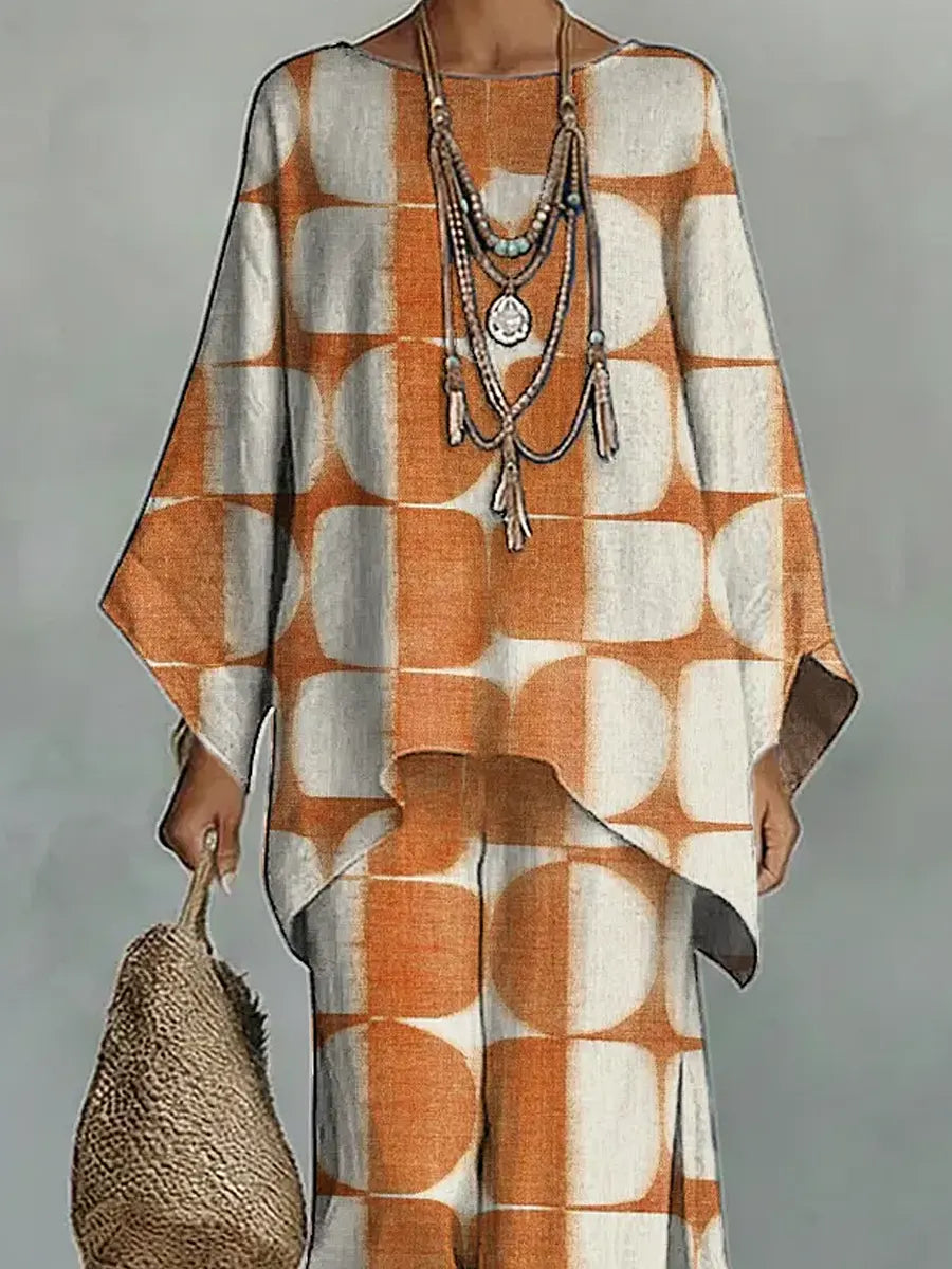 Women's Vintage Geometric Art Comfortable Loose Cotton Linen Wide-leg Pants Two-piece Set