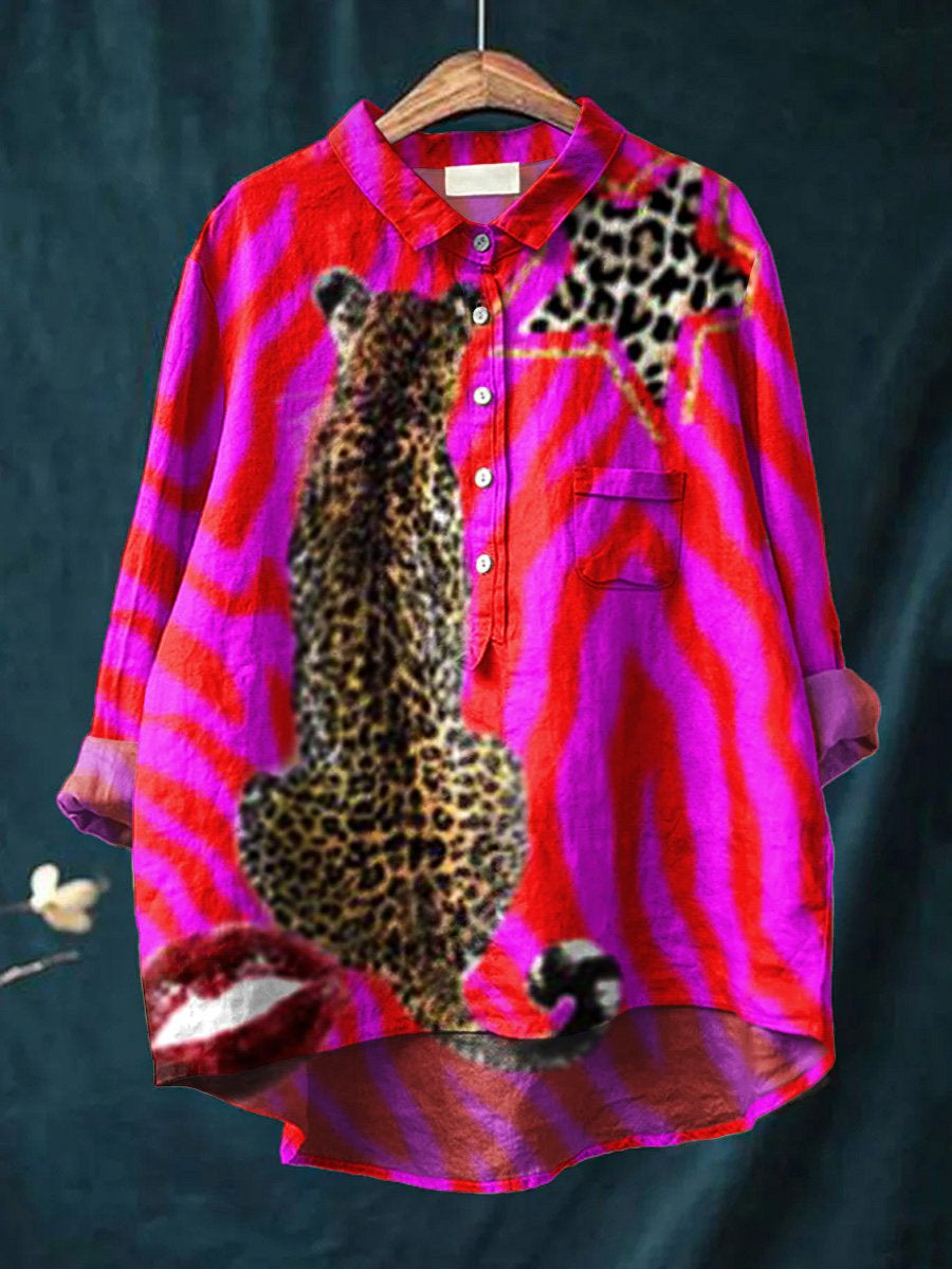 Women's Leopard  Art Print Casual Cotton And Linen Shirt