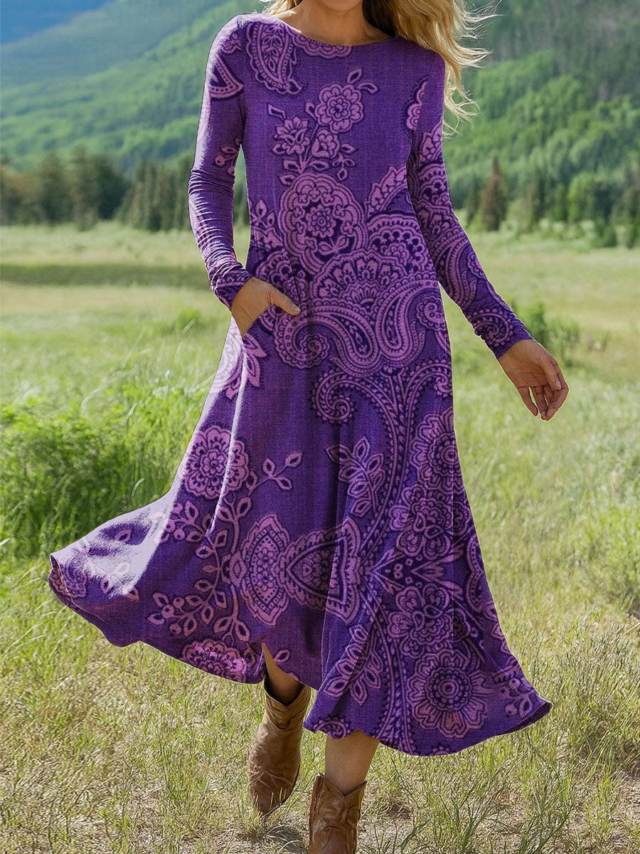 Women's Vintage  Cashew Flower Art Print Long-sleeved Dress