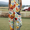 Women's Lovely Chicken Floral Art Print Casual 100% Cotton Wide Leg Jumpsuit