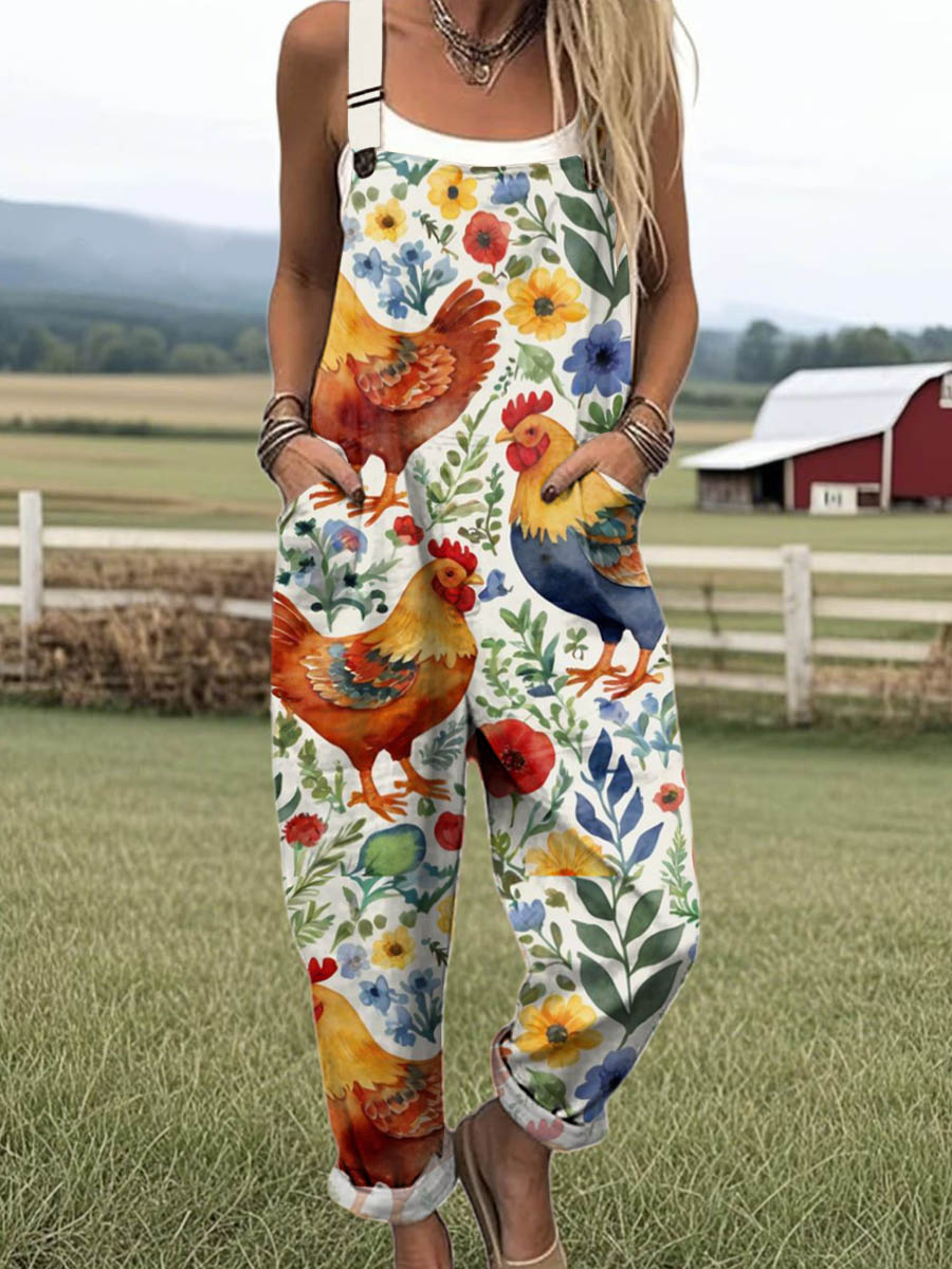 Women's Lovely Chicken Floral Art Print Casual 100% Cotton Wide Leg Jumpsuit