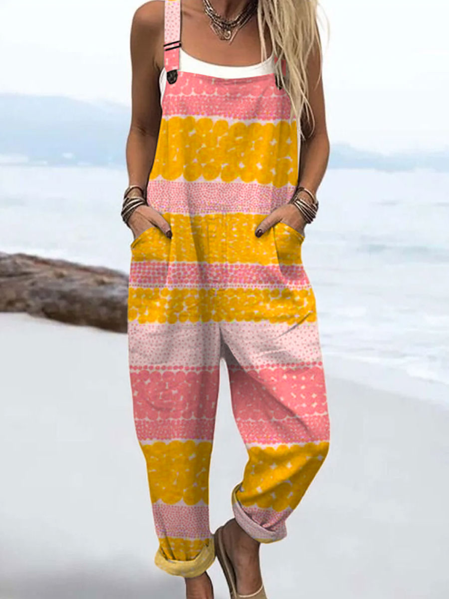 Women's Vintage Abstract Geometric Art Print Casual 100% Cotton Wide Leg Jumpsuit