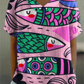 Lovely Line Drawing Fish Pattern Printed Women's Casual Cotton And Linen Shirt