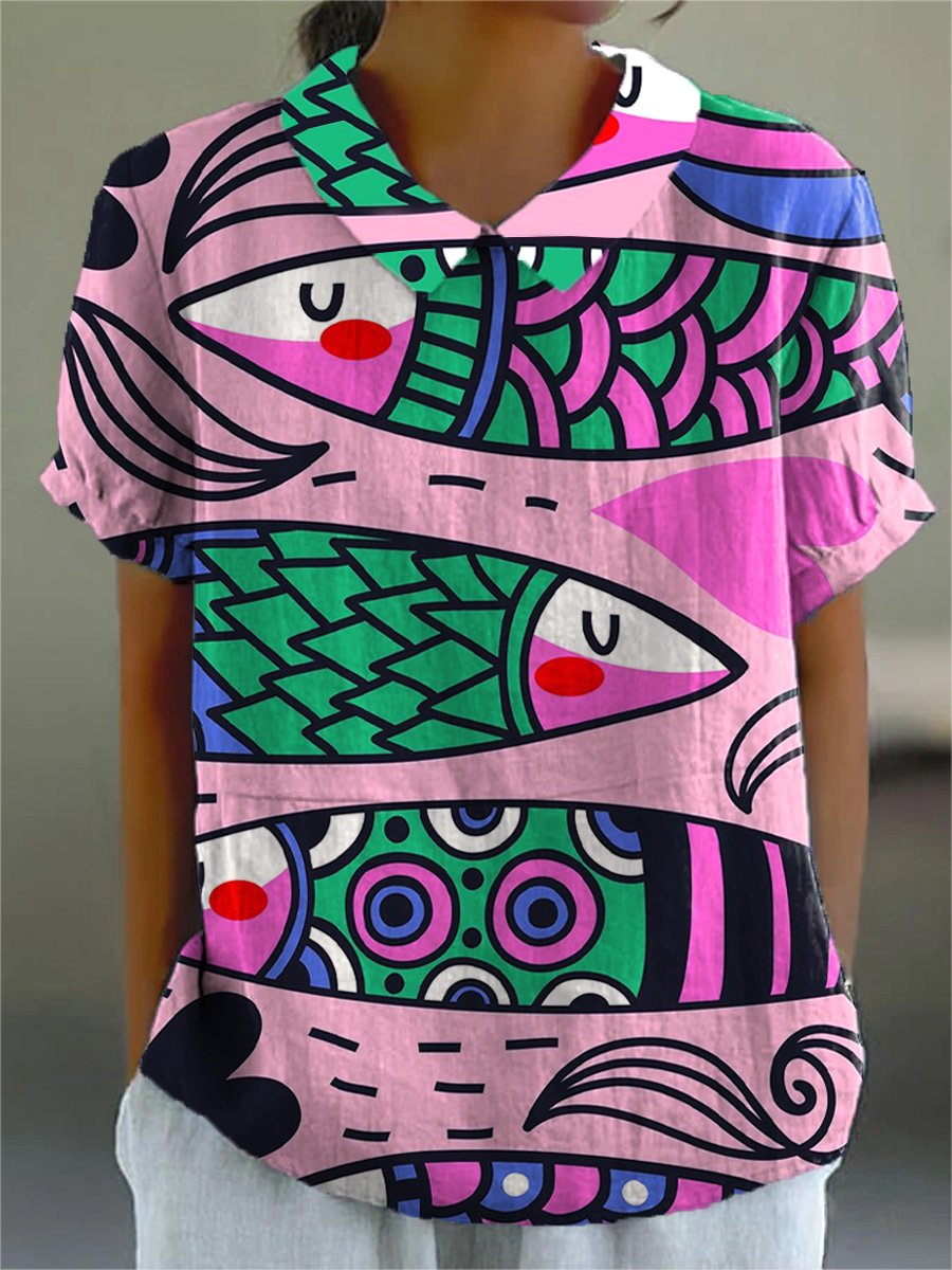 Lovely Line Drawing Fish Pattern Printed Women's Casual Cotton And Linen Shirt