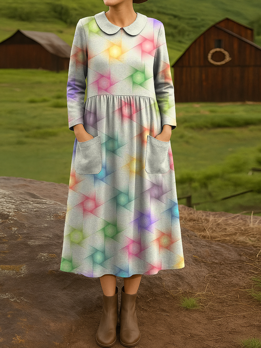 Women's Color Gradient Swirl Pattern Art Print Cotton Lapel Button-Down Shirt Dress