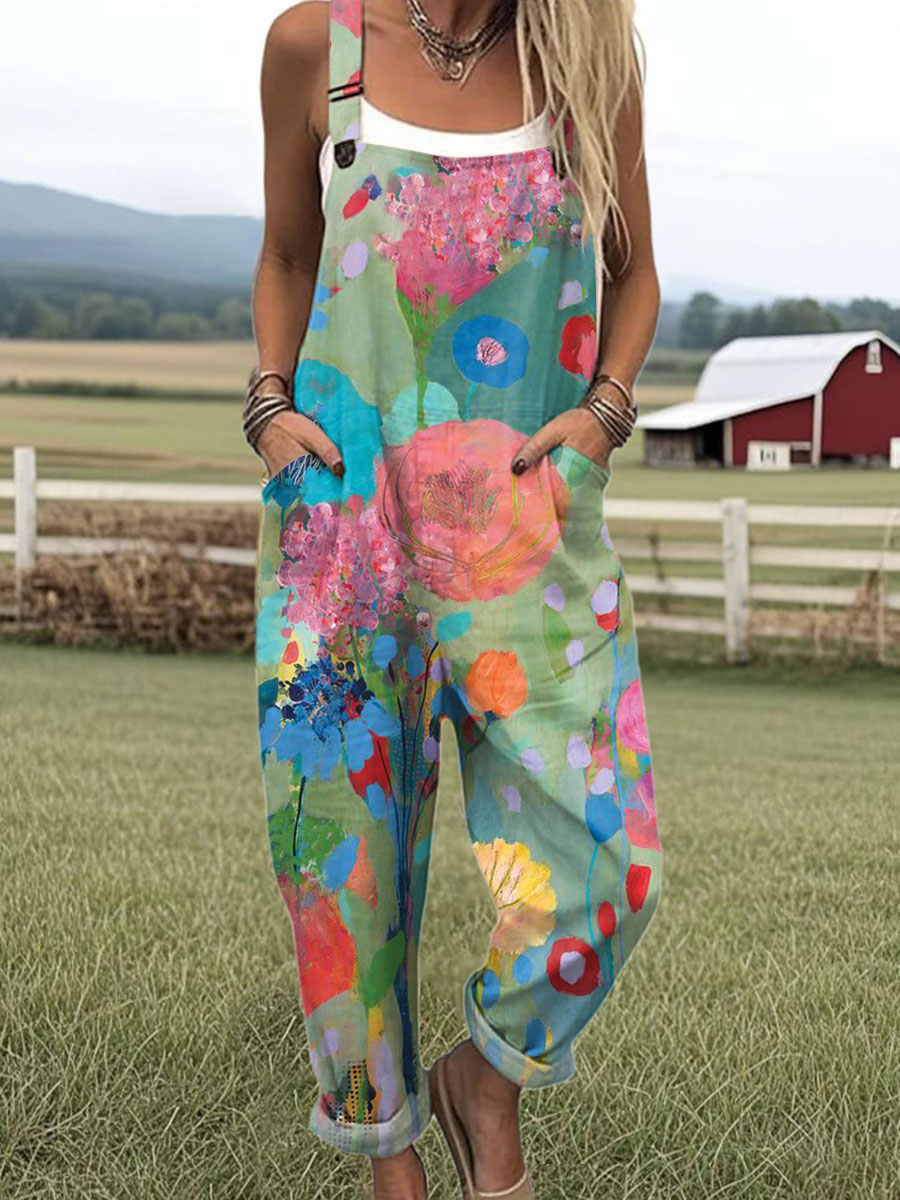 Women's Vintage Flower Art Print Casual 100% Cotton Wide Leg Jumpsuit
