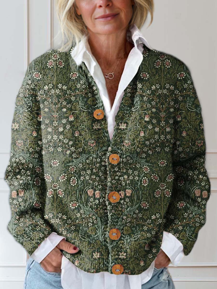 Women's Vintage Floral Art Print Buttoned Cardigan Sweater