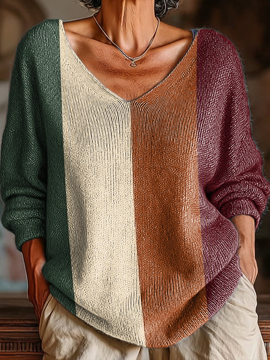 womens-vintage-four-color-stripe-painting-art-print-casual-pullover-sweater