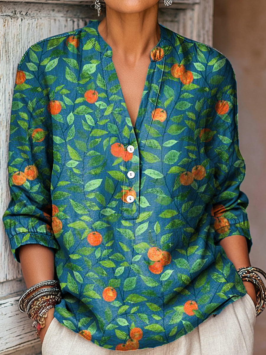 Women's Vintage Leaves Fruit Painting Art Print Casual Cotton And Linen Shirt