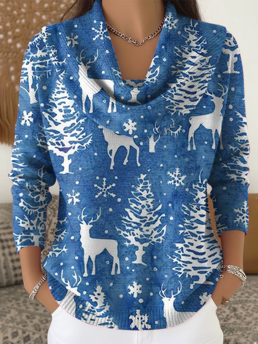 Women's Christmas Deer Pattern Art Print Cowl Neck Sweater