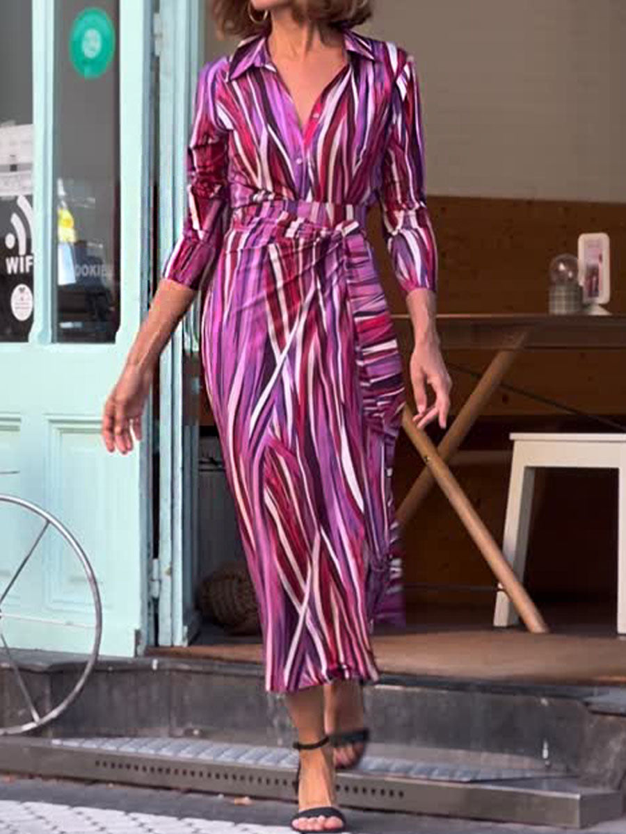 Women's Shirt Collar Long Sleeve Abstract Geometric Print Waisted Hip Dress
