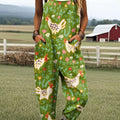 Women's Vintage Chicken Art Print Casual 100% Cotton Wide Leg Jumpsuit
