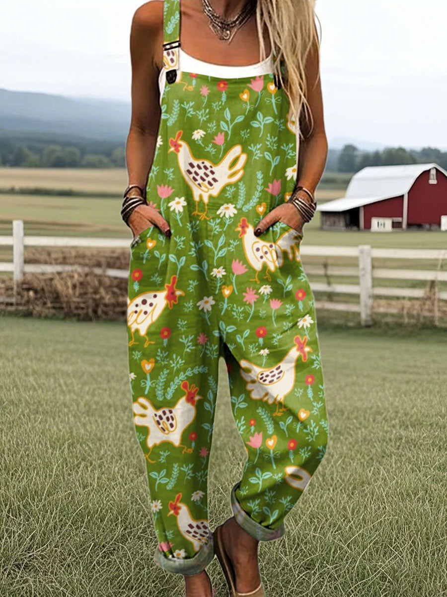 Women's Vintage Chicken Art Print Casual 100% Cotton Wide Leg Jumpsuit
