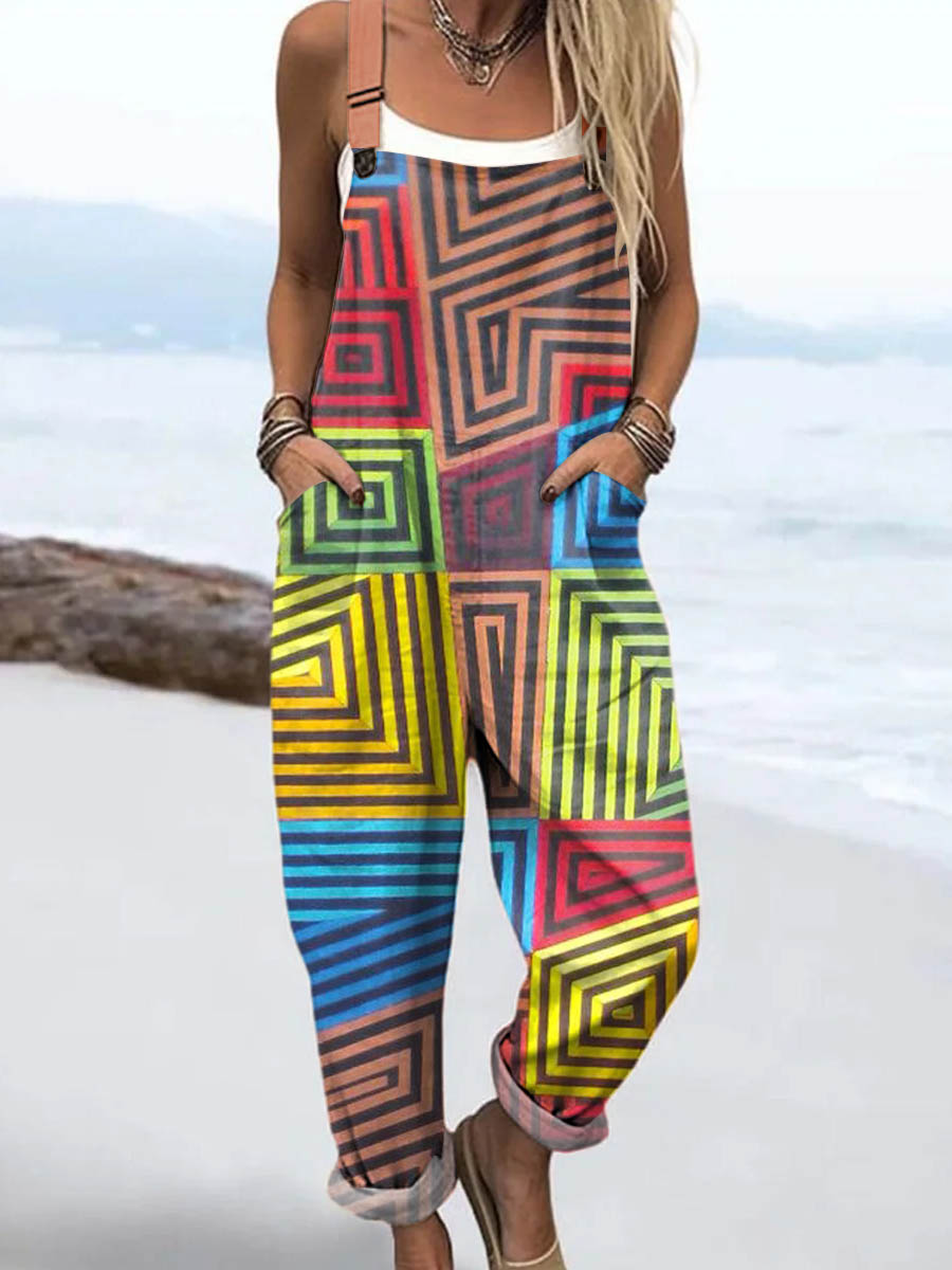 Women's Geometric Pattern Art Print Casual 100% Cotton Wide Leg Jumpsuit