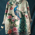 Women's  Peacock Art Print Casual Cotton And Linen Shirt