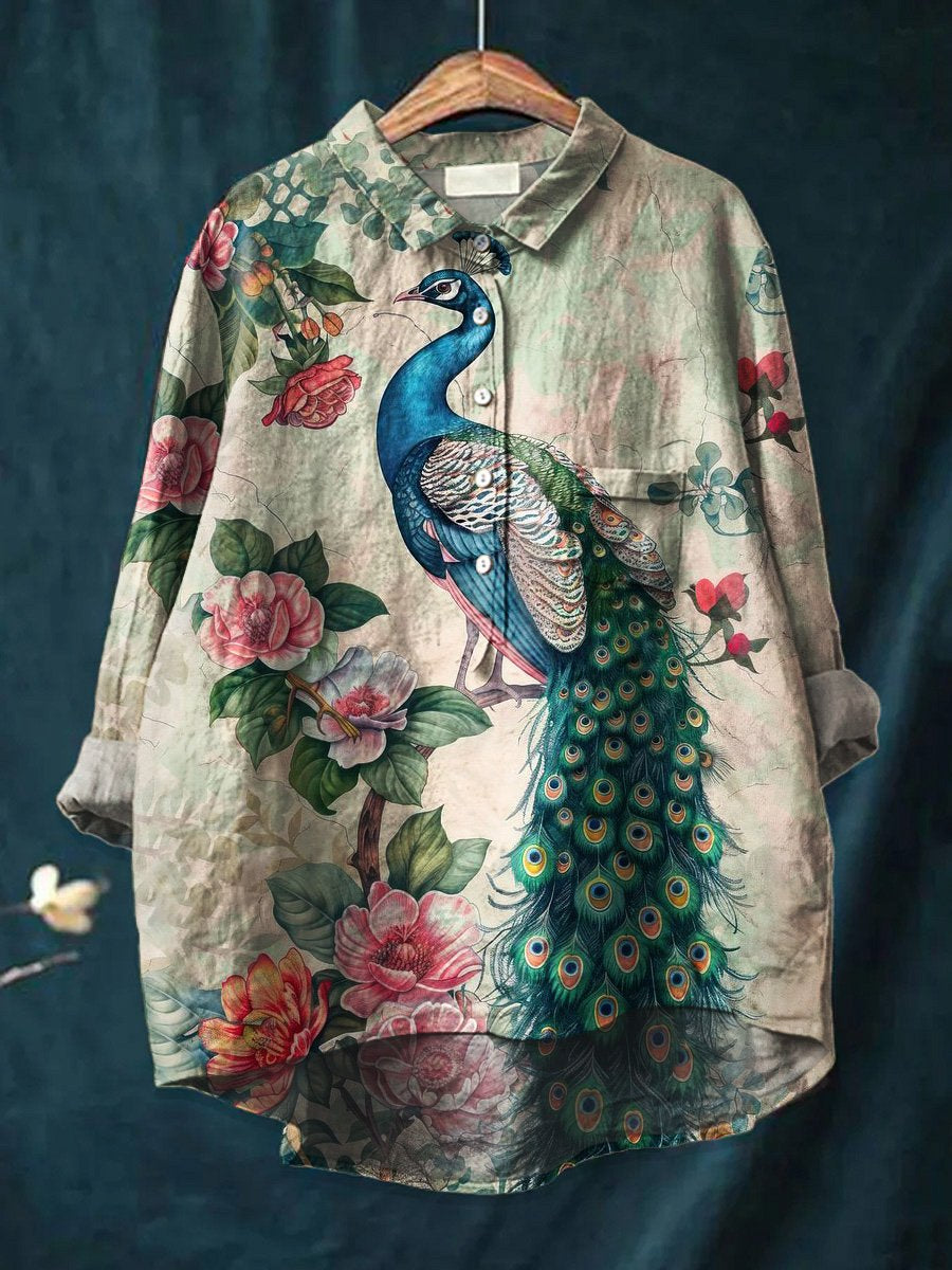 Women's  Peacock Art Print Casual Cotton And Linen Shirt