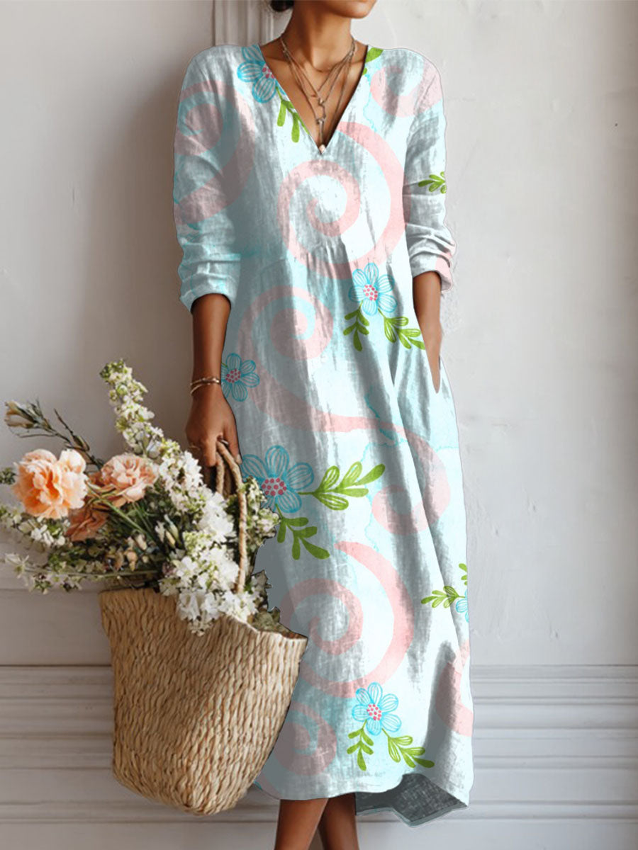 Women's Swirls And Flowers Print Linen Pocket Dress