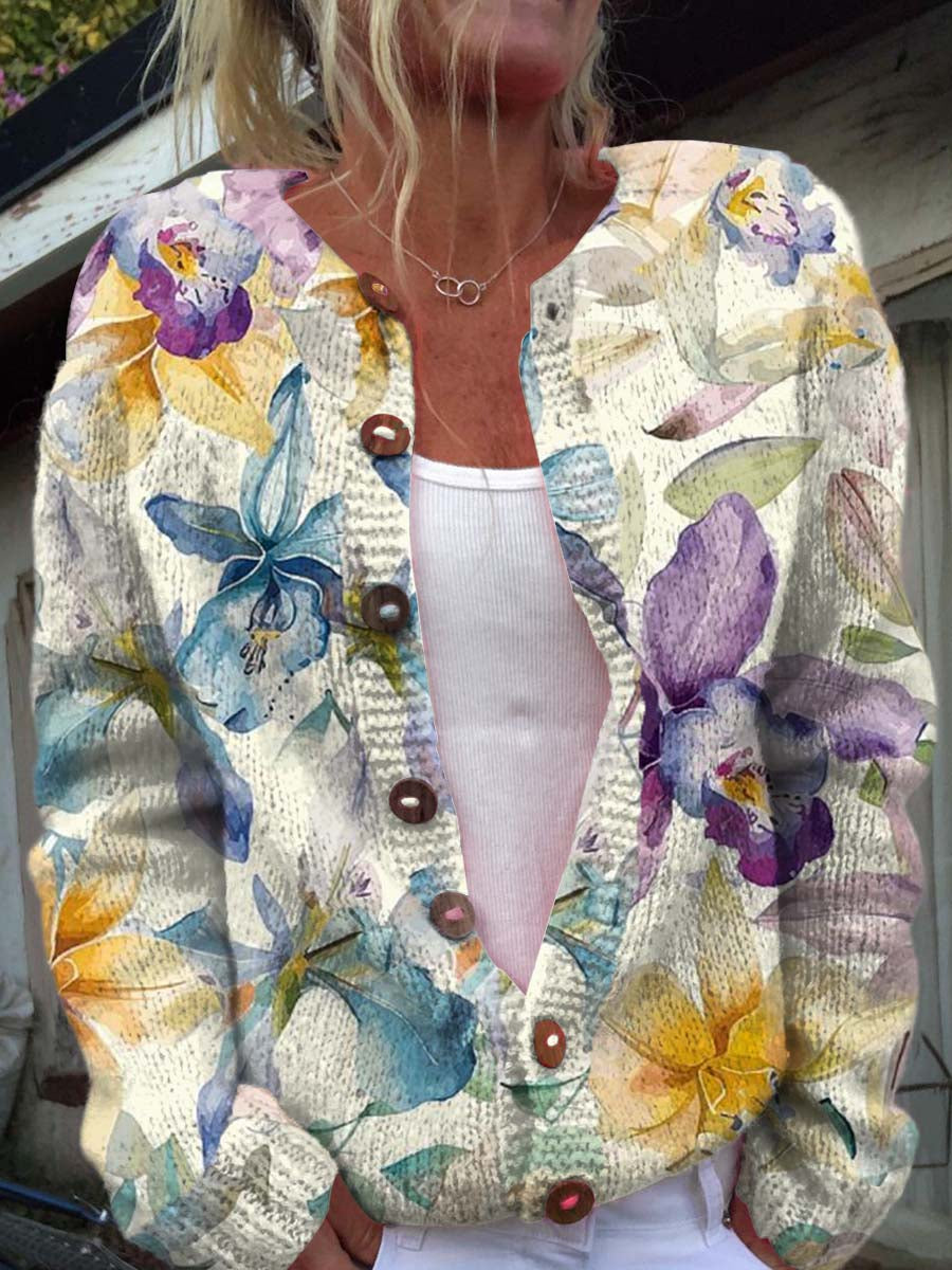 womens-retro-art-watercolor-flowers-print-buttoned-cardigan-sweater-4yym