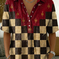 Women's Retro Color-block Checkerboard Print Cotton-linen Short-sleeve Shirt