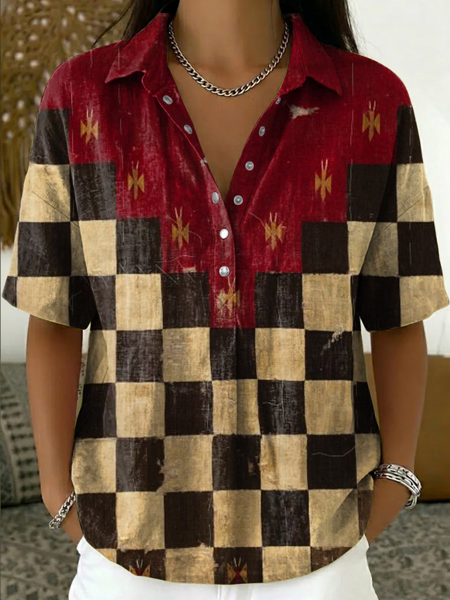 Women's Retro Color-block Checkerboard Print Cotton-linen Short-sleeve Shirt