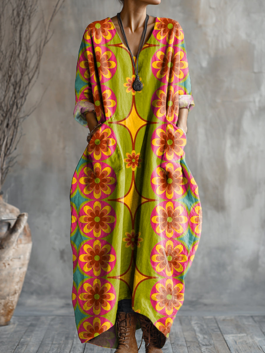 Women's Abstract Colorful Geometric Floral Painting Art Print Pocket V-neck Cotton Dress