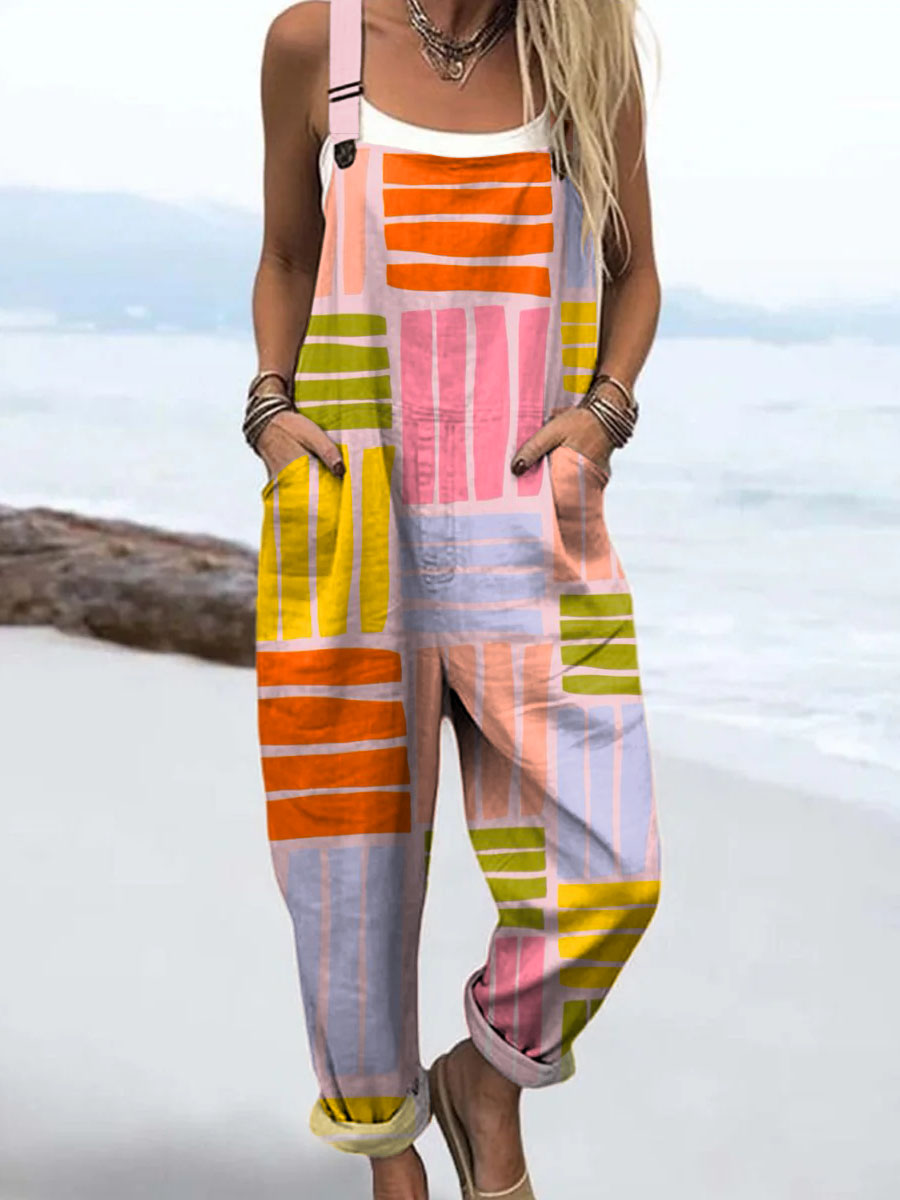 Women's Geometric Pattern Art Print Casual 100% Cotton Wide Leg Jumpsuit