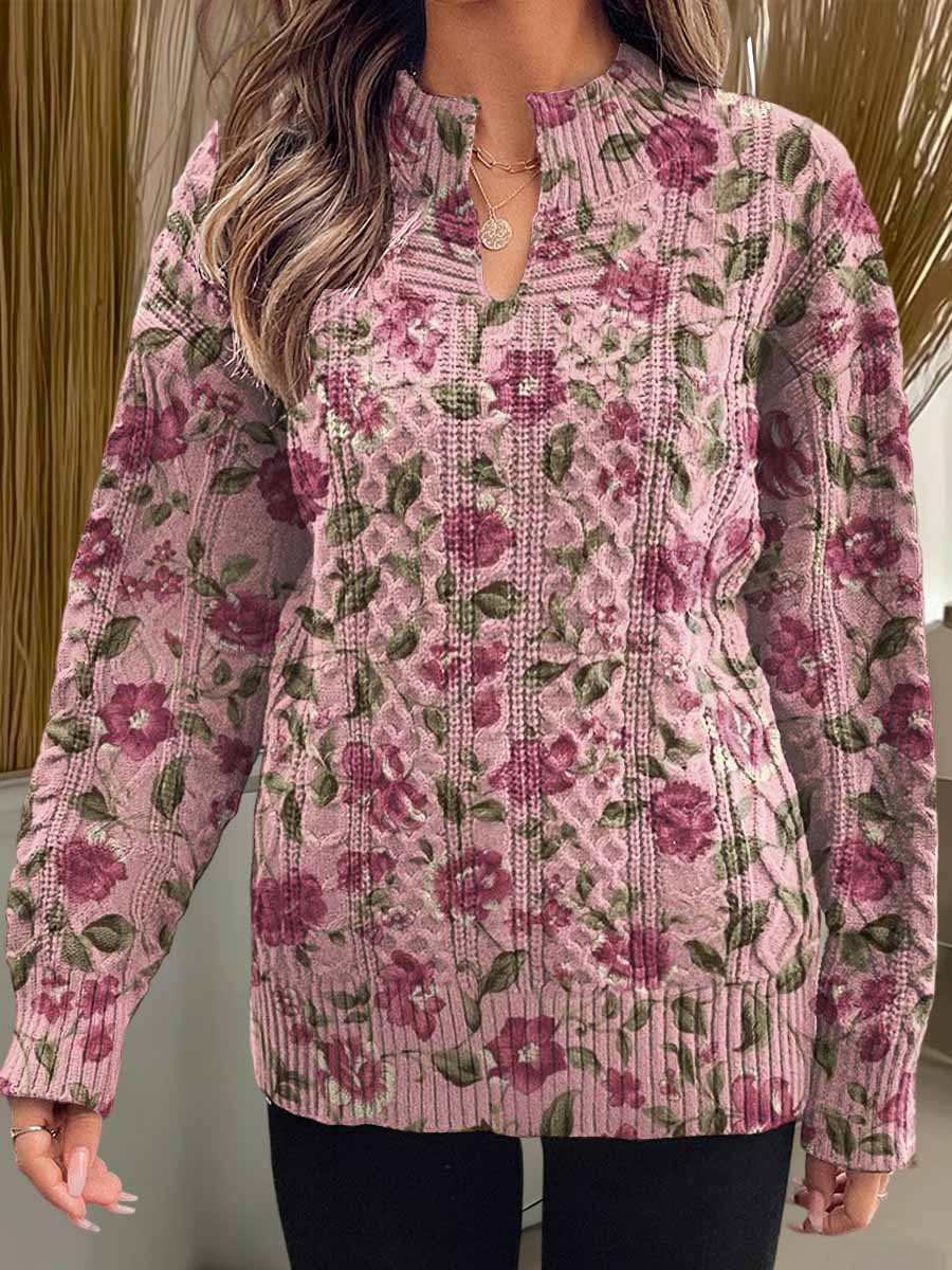 Women's Floral Print V-Neck Long Sleeve Knitted Pullover Sweater