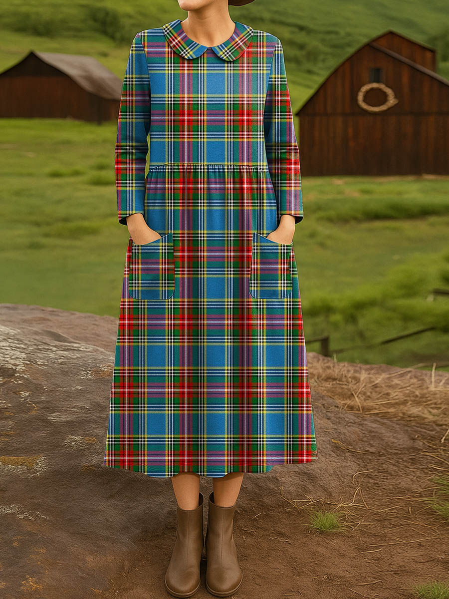 Women's Vintage Plaid Pattern Art Print Cotton Lapel Shirt Dress