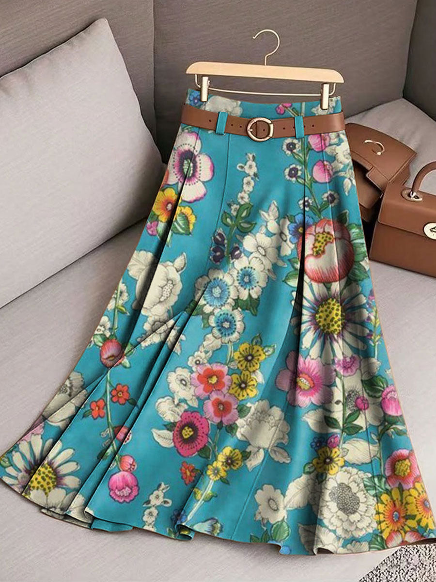 Women's Retro Flowers Pattern Casual Print Cotton Skirt