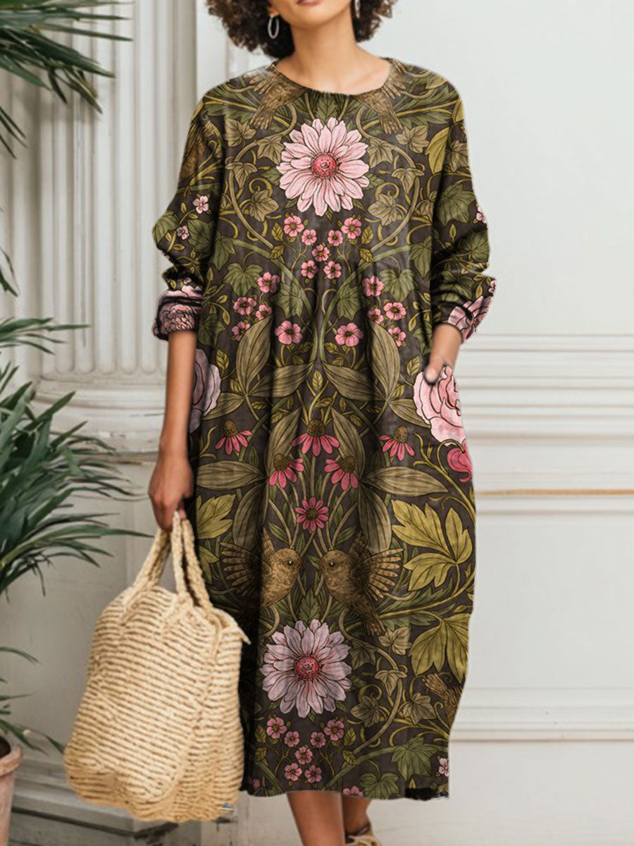 Women's Vintage Flower Art Print Pocket Cotton Dress