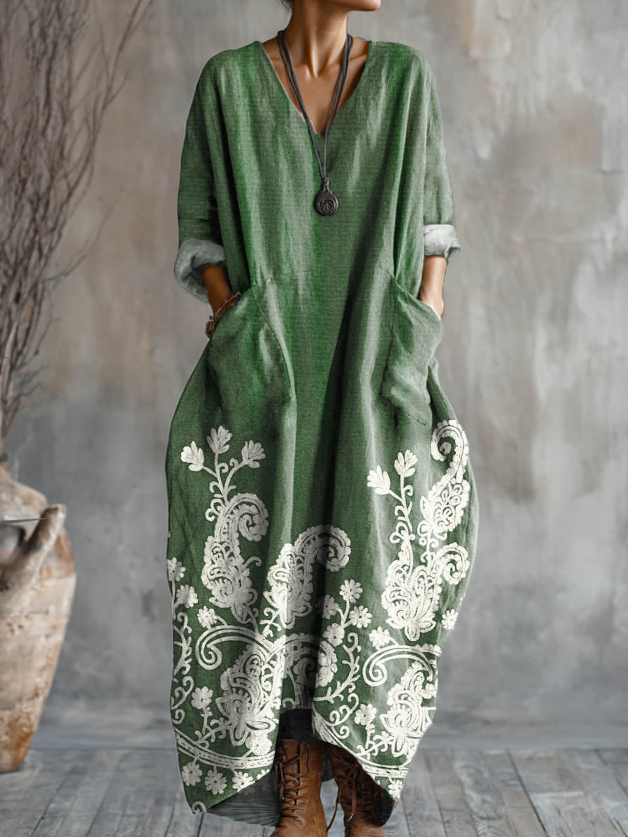 Women's Vintage Floral Art Pattern Print Pocket V-neck Cotton Dress