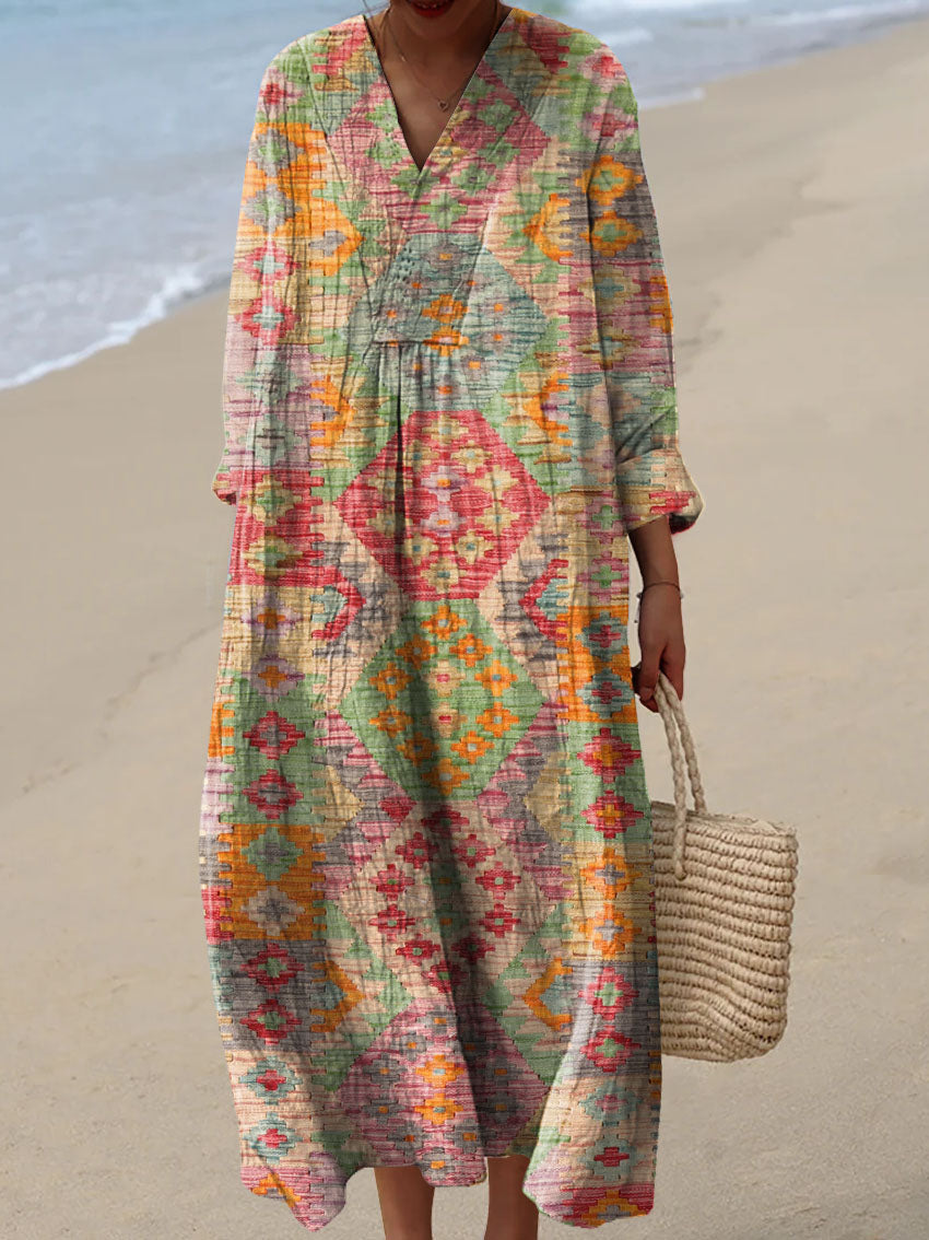 Women's Vintage Geometric Pattern Art Print Cotton Dress