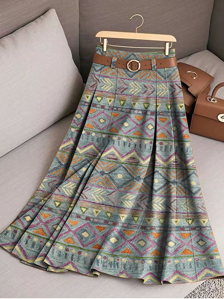 Women's Vintage Beautiful Diamond Geometric Stripe Art Print Cotton Skirt