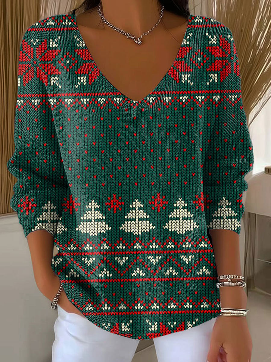 Women's Christmas Tree Pattern Print Casual Pullover Sweater