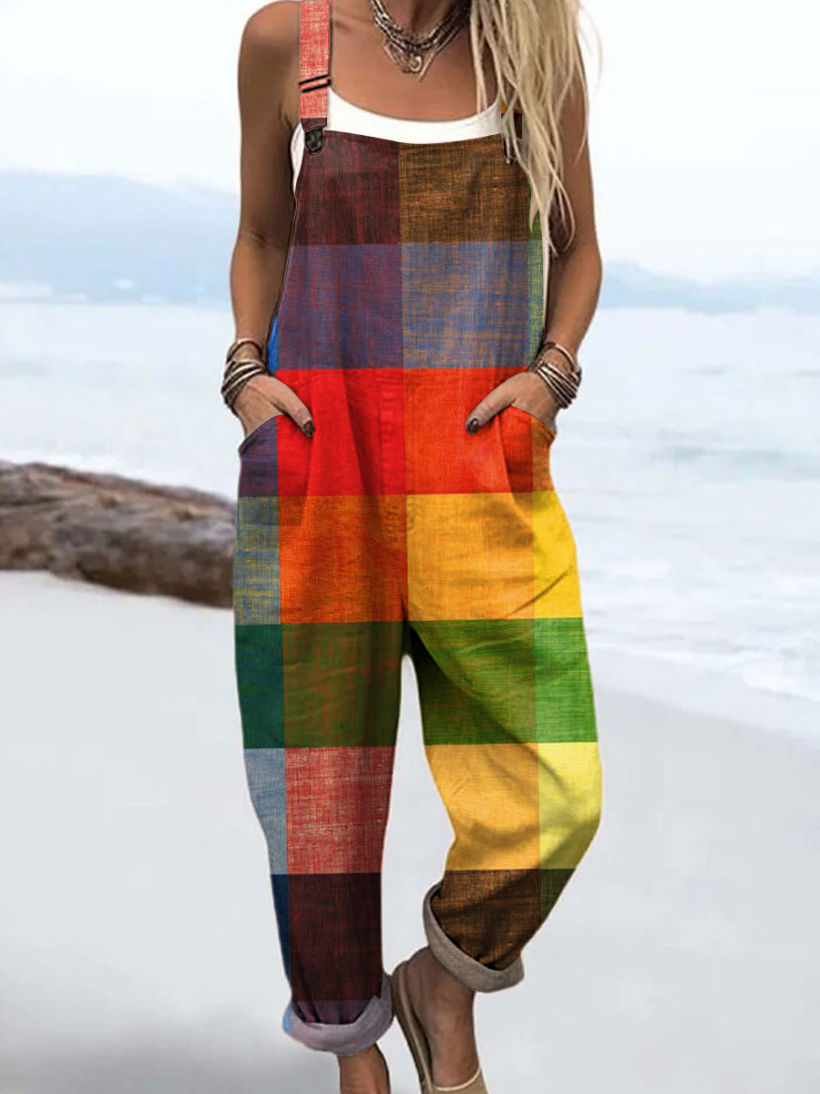 Women's Vintage Color Block Art Print Casual 100% Cotton Wide Leg Jumpsuit