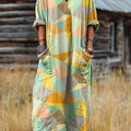 Women's Vintage Abstract Rhombus Geometric Painting Art Print Pocket V-neck Cotton Dress